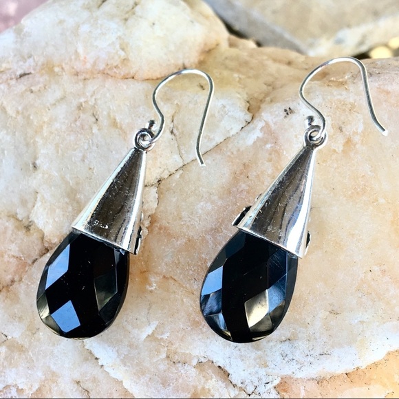 Faceted black onyx 925 sterling boho filigree briolette earrings NWT - Picture 2 of 3